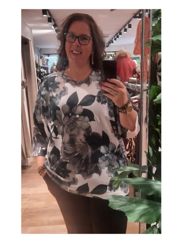 LEANN 1492 PULLOVER Kleur petrol en groen/oldrose